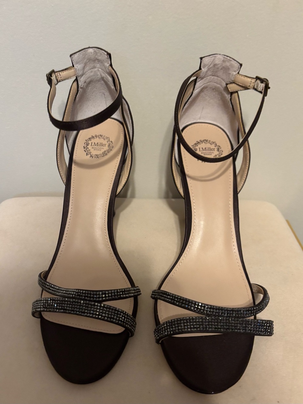 L. Miller Brown Crystal-Strap Ankle-Heel Sandals